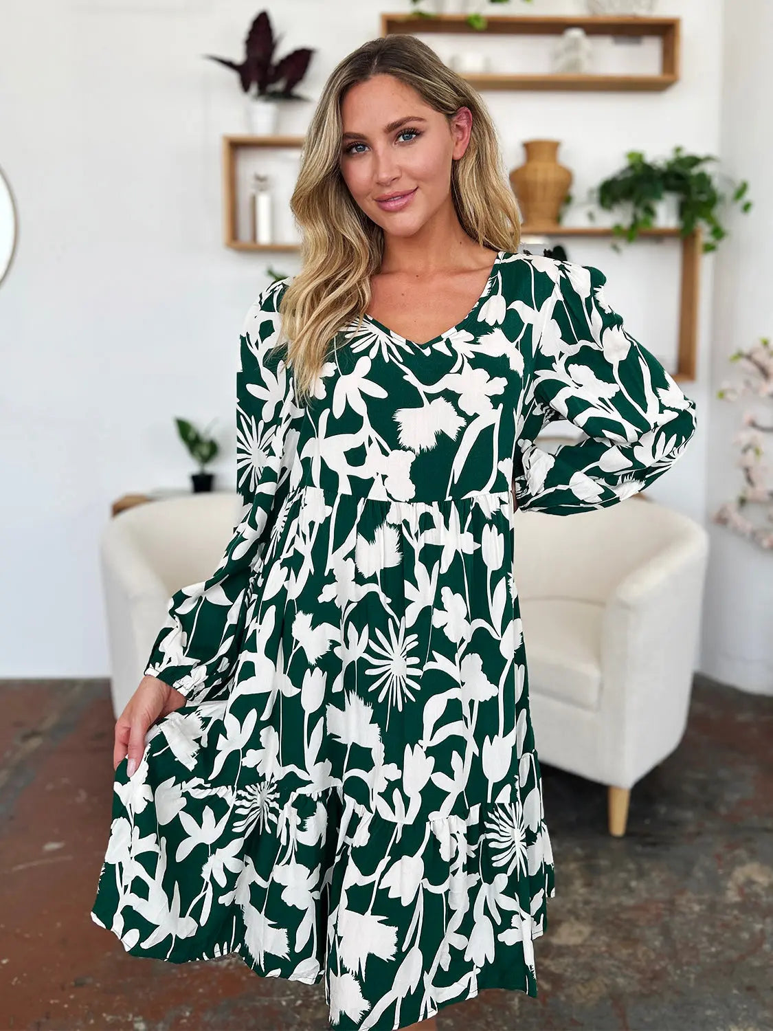 Double Take Full Size Printed Ruffle Hem Dress with Pocket-Very Besty