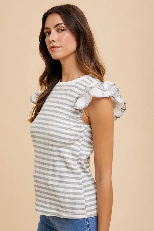 Annie Wear Ruffled Striped Round Neck Cap Sleeve Knit Top-Very Besty