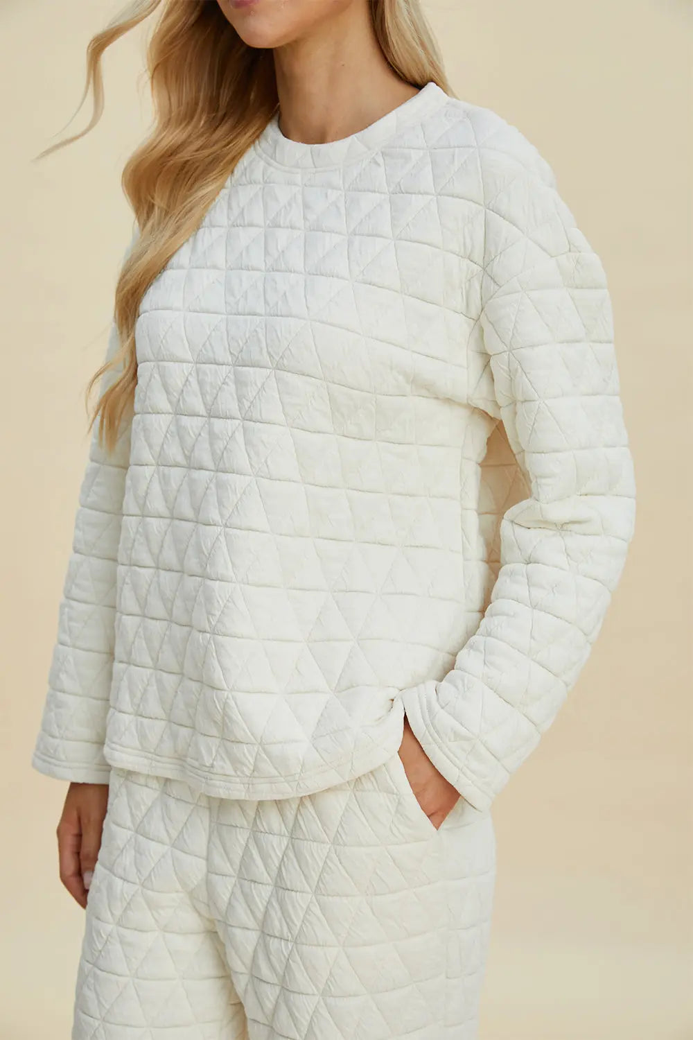 Double Take Full Size Texture Round Neck Long Sleeve Top and Pants Set-Very Besty