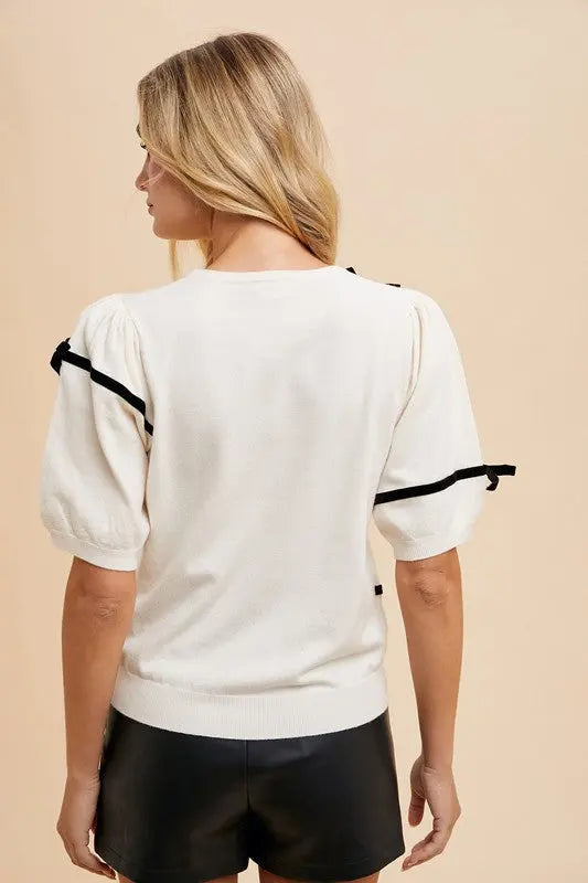 Annie Wear Striped Bow Round Neck Knit Top-Very Besty