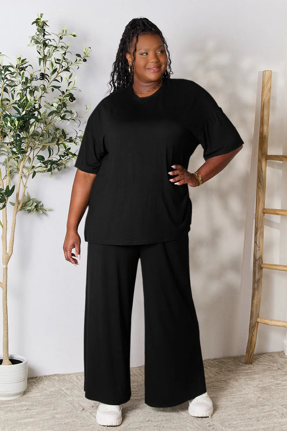 Double Take Full Size Round Neck Slit Top and Pants Set-Very Besty