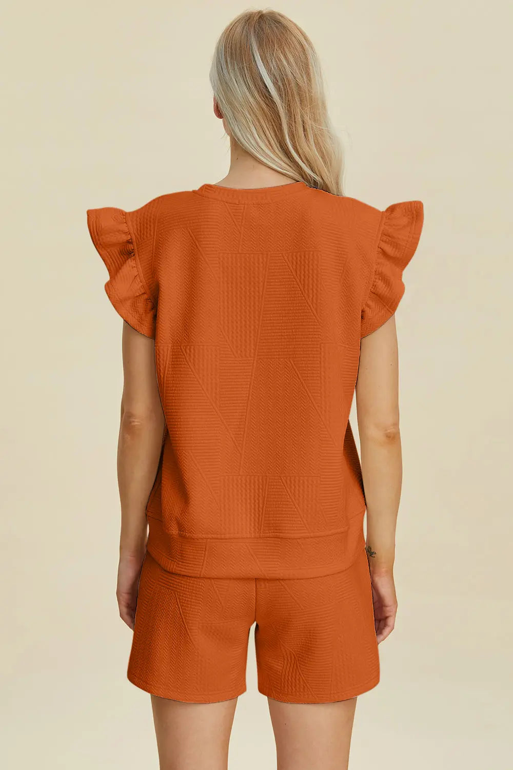 Double Take Full Size Texture Round Neck Ruffle Sleeve Top and Shorts Set-Very Besty