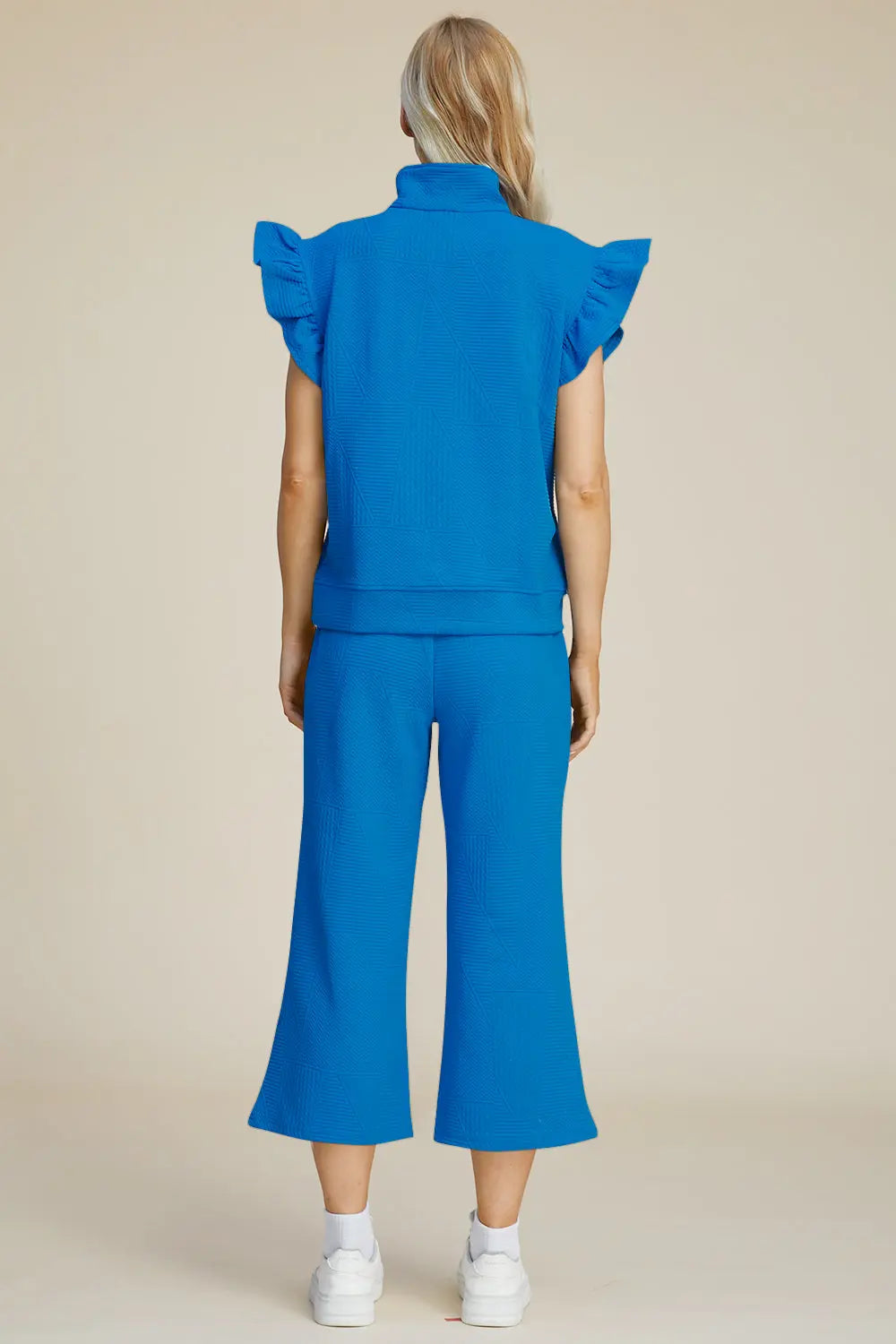 Double Take Full Size Texture Ruffle Short Sleeve Top and Wide Leg Pants Set-Very Besty