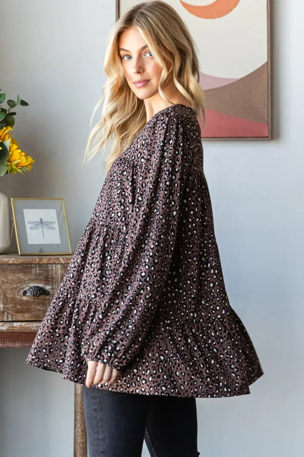 Heimish Leopard Long Sleeve Tiered Blouse-Very Besty