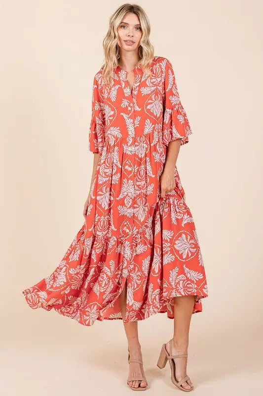 Mittoshop Abstract Leaf Print Tiered Ruffle Dress-Very Besty