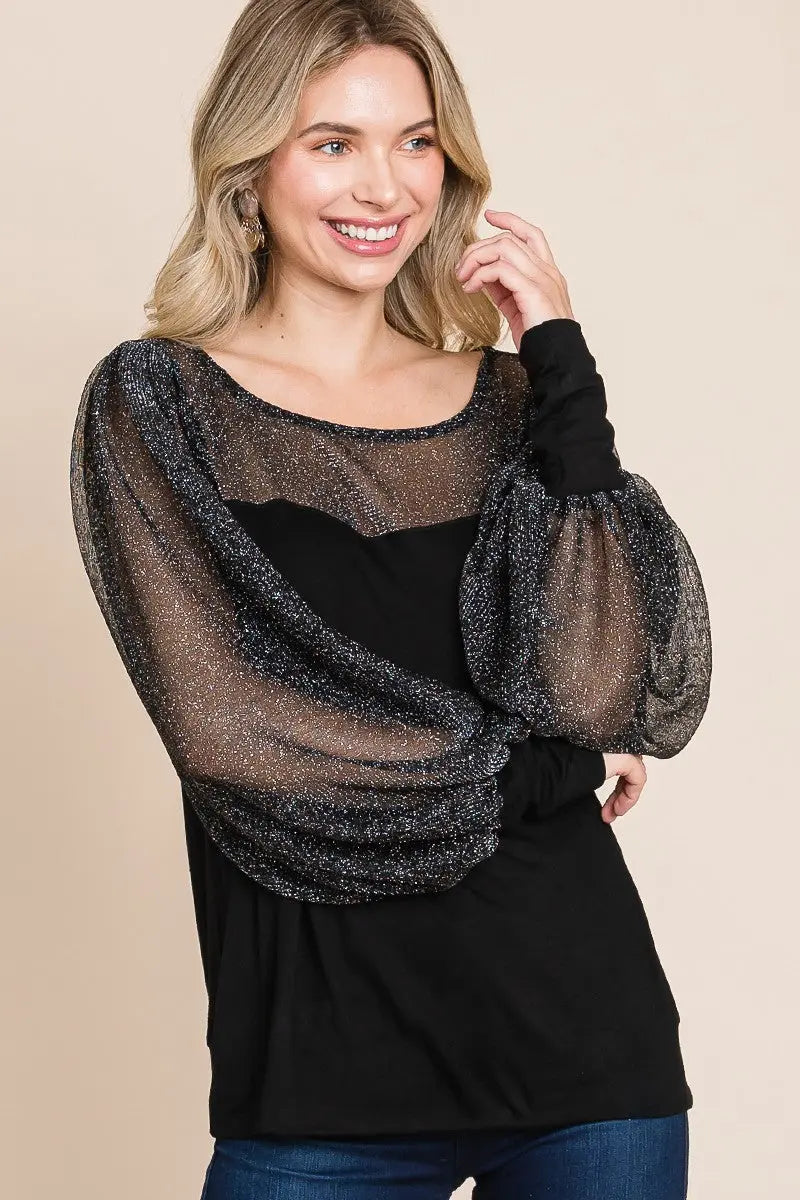 Super Lady Full Size Metallic Mesh Lantern Sleeve Blouse-Very Besty