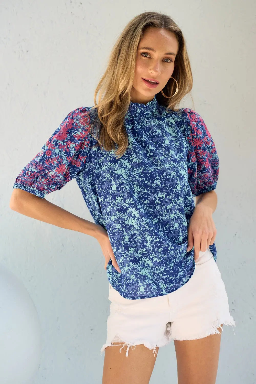 Hailey & Co Embroidered Puff Sleeve Printed Blouse-Very Besty