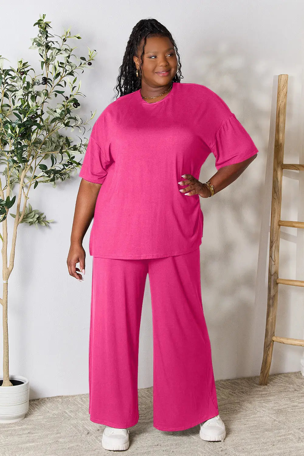 Double Take Full Size Round Neck Slit Top and Pants Set-Very Besty