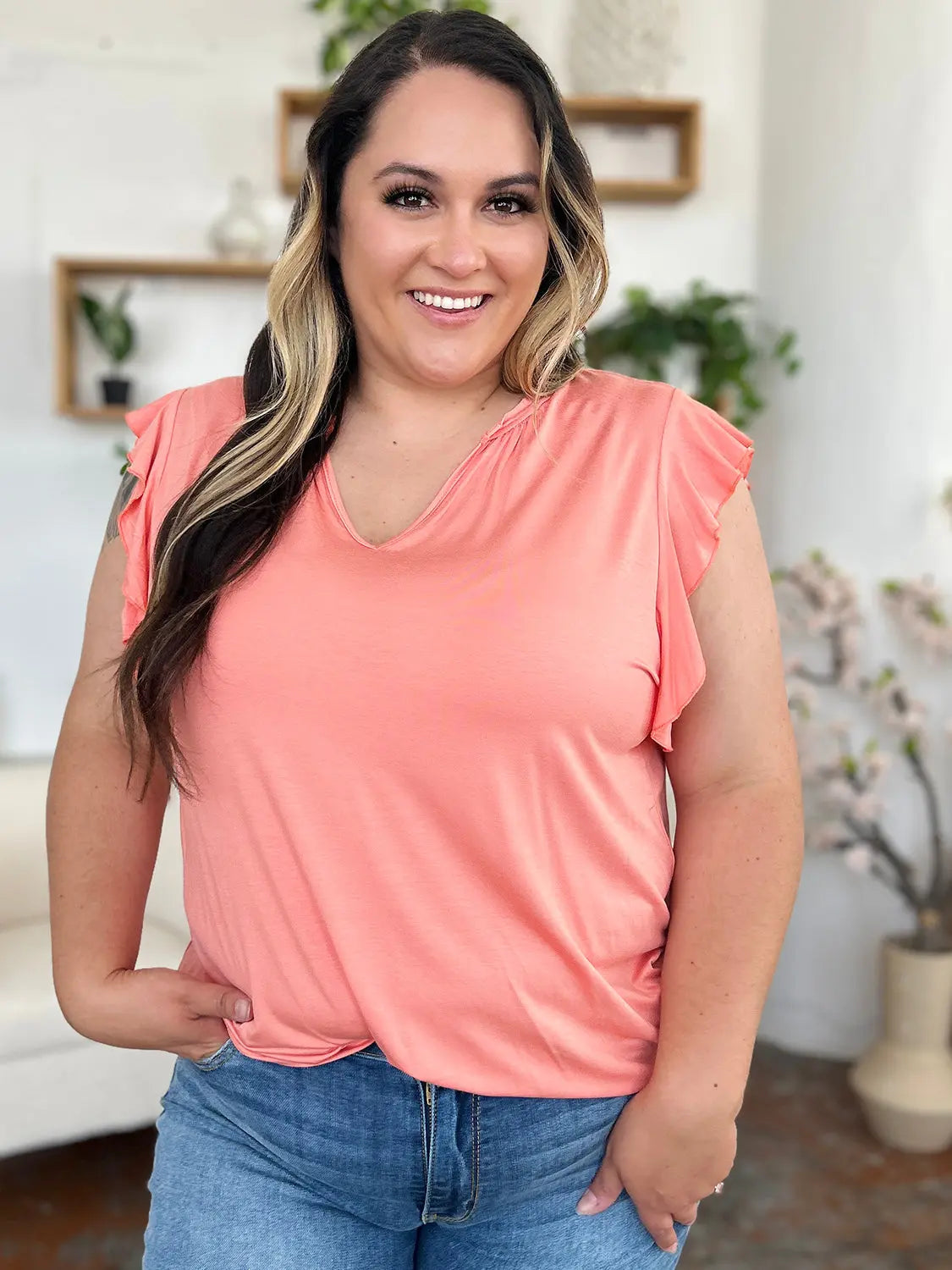 Basic Bae Full Size Bamboo Notched Ruffled Short Sleeve T-Shirt-Very Besty