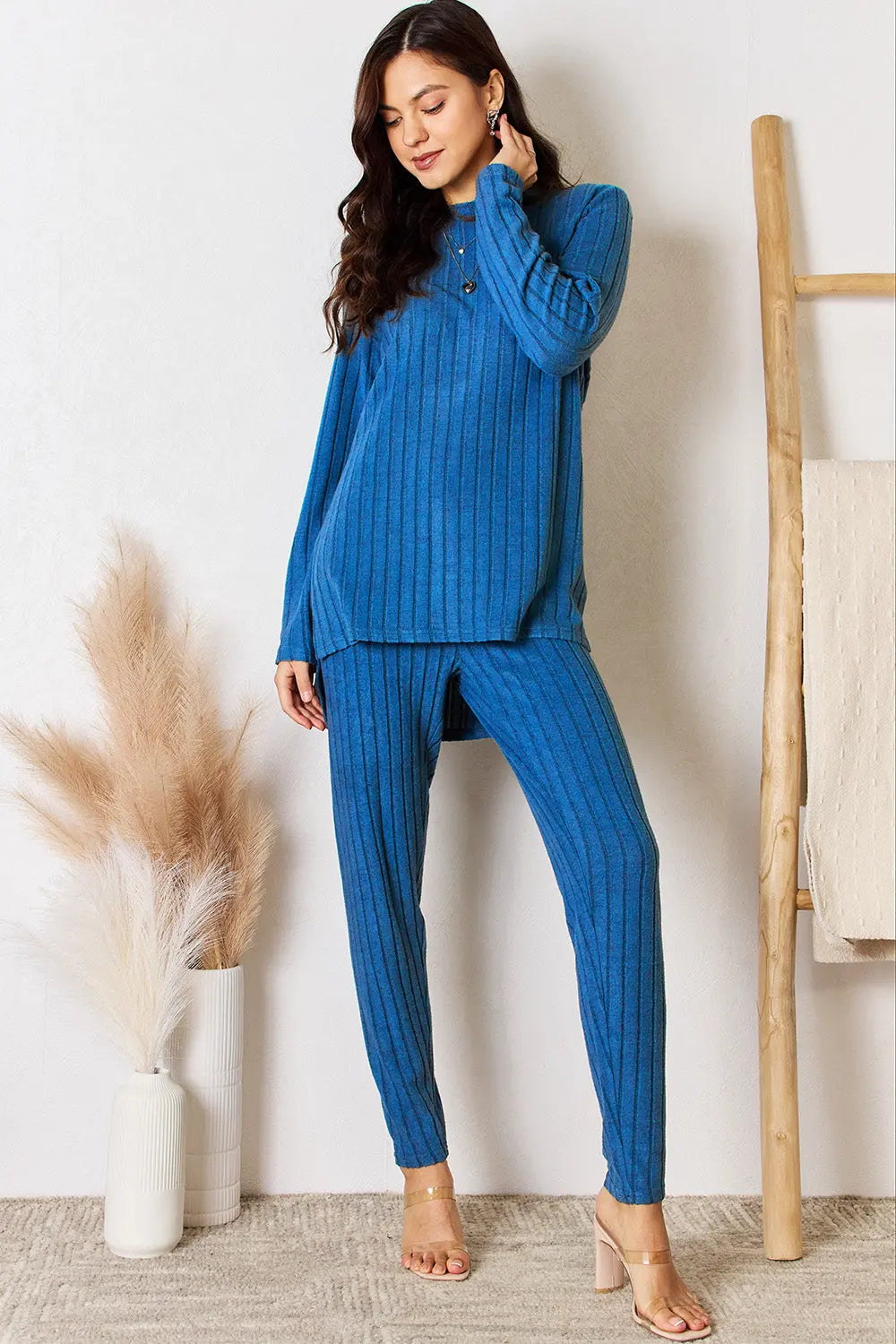 Basic Bae Full Size Ribbed Round Neck High-Low Slit Top and Pants Set-Very Besty