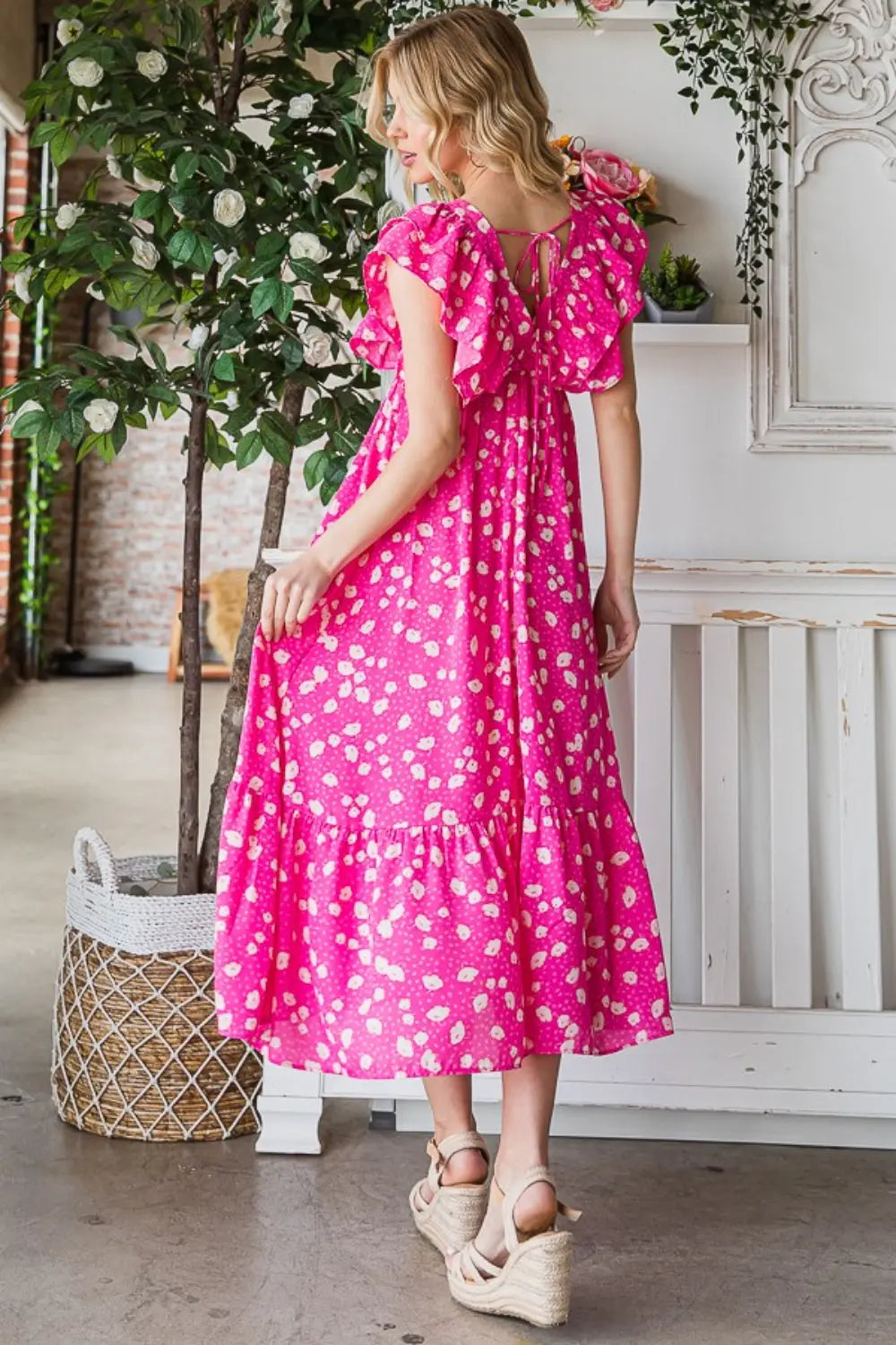 Reborn J Printed V-Neck Ruffle Trim Tiered Midi Dress-Very Besty
