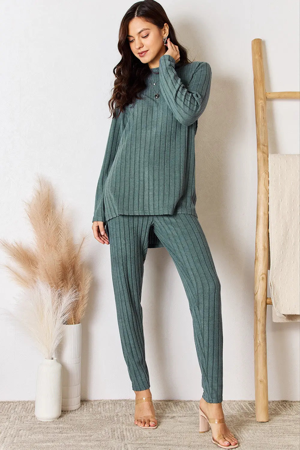 Basic Bae Full Size Ribbed Round Neck High-Low Slit Top and Pants Set-Very Besty