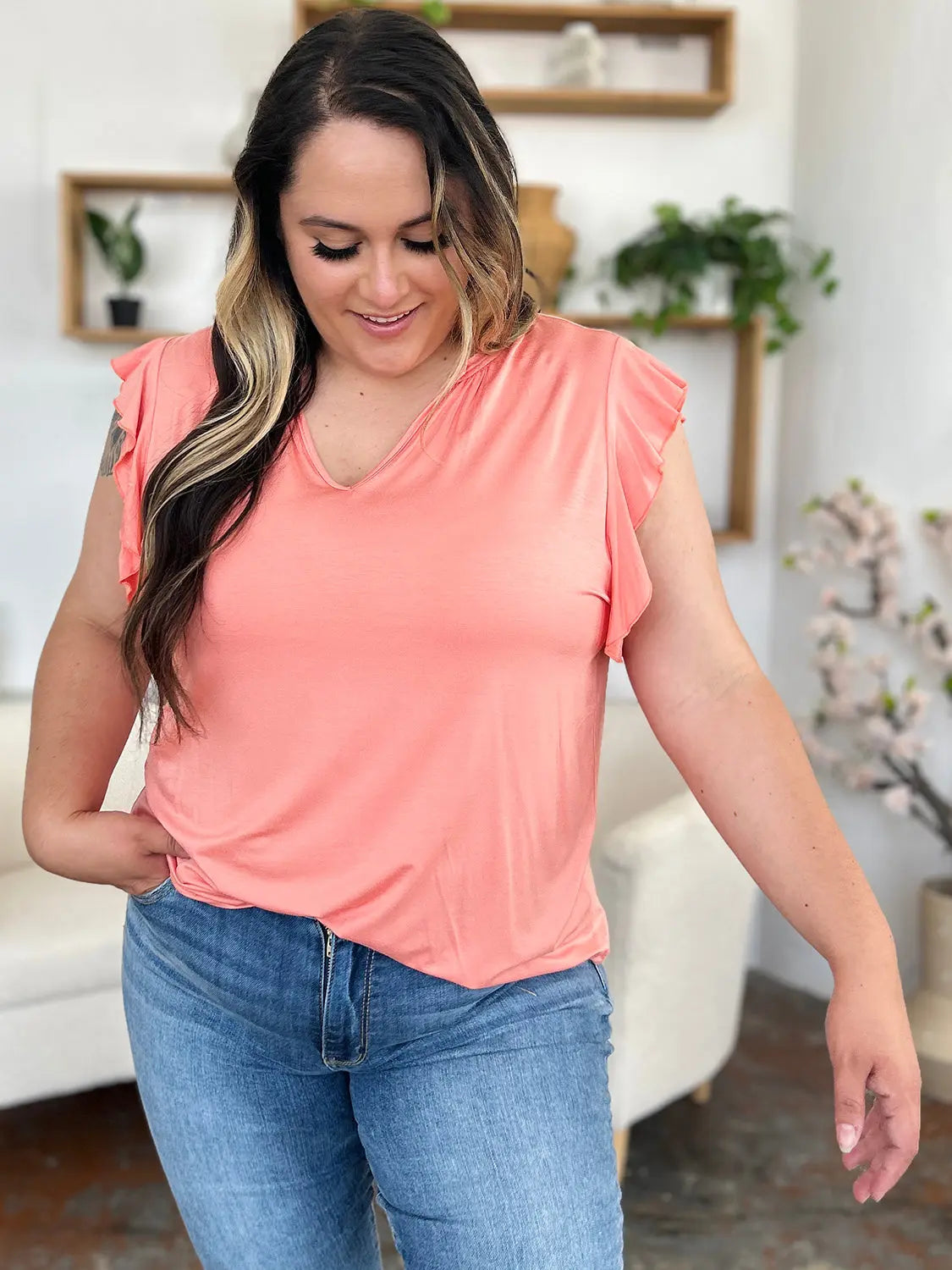 Basic Bae Full Size Bamboo Notched Ruffled Short Sleeve T-Shirt-Very Besty
