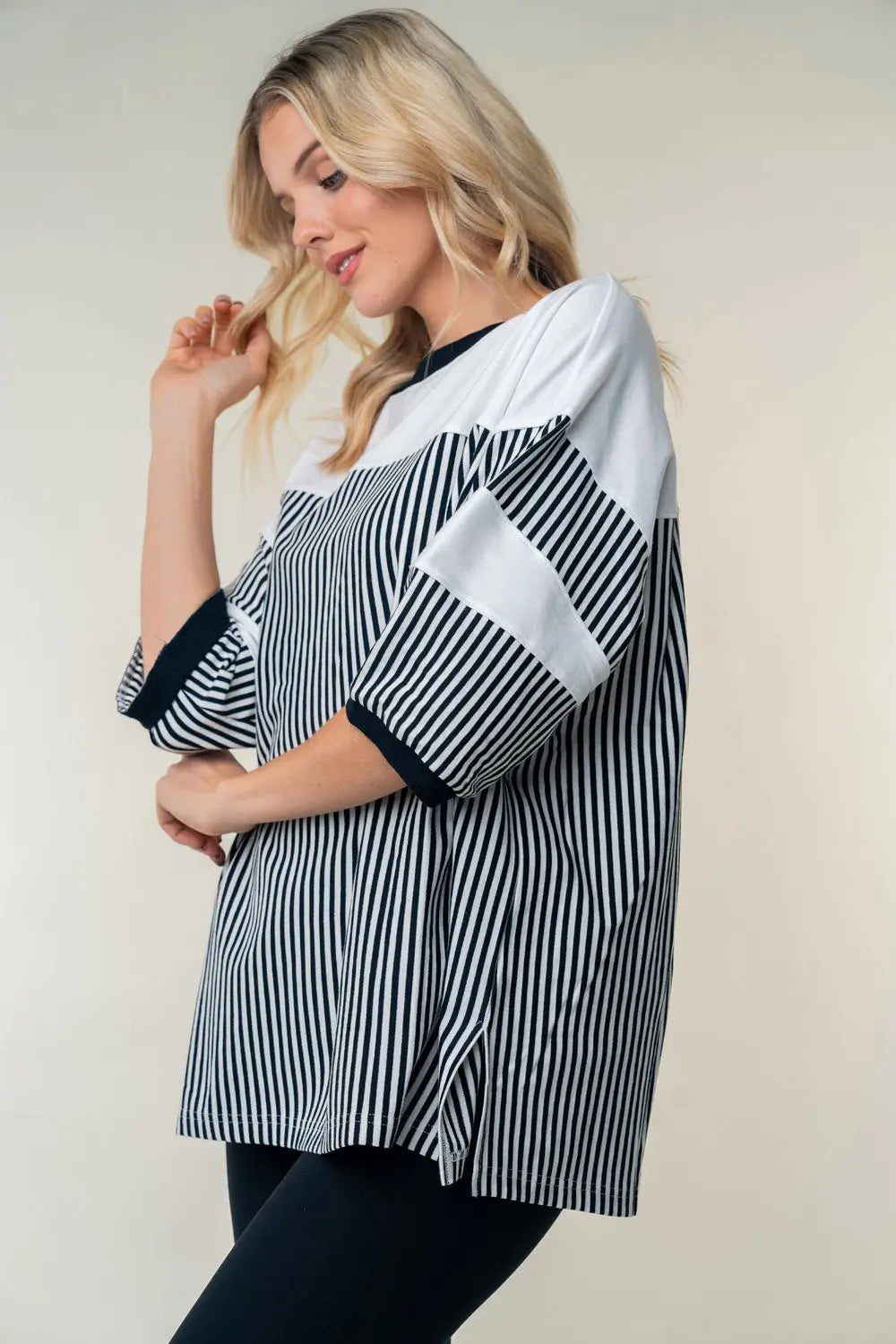 White Birch Full Size Striped Contrast Round Neck Top-Very Besty