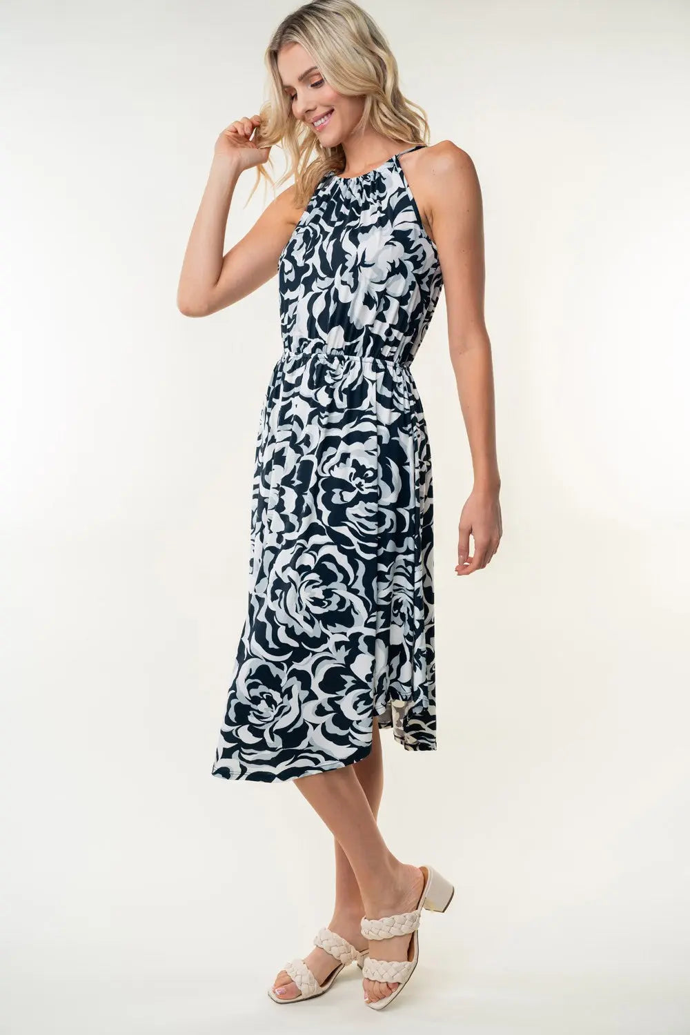 White Birch Tied Ruched Floral Sleeveless Knee Length Dress-Very Besty