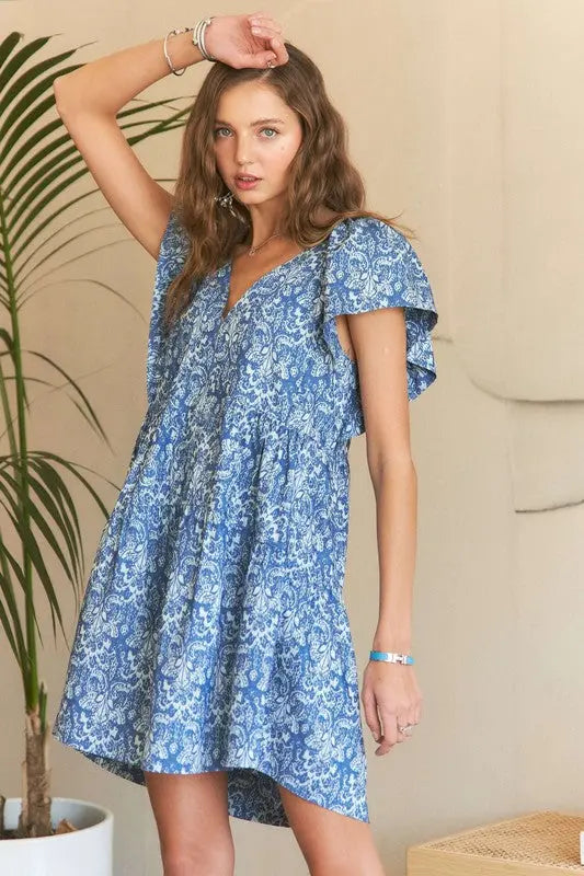 ADORA Printed V-Neck Ruffle Sleeve Mini Dress-Very Besty