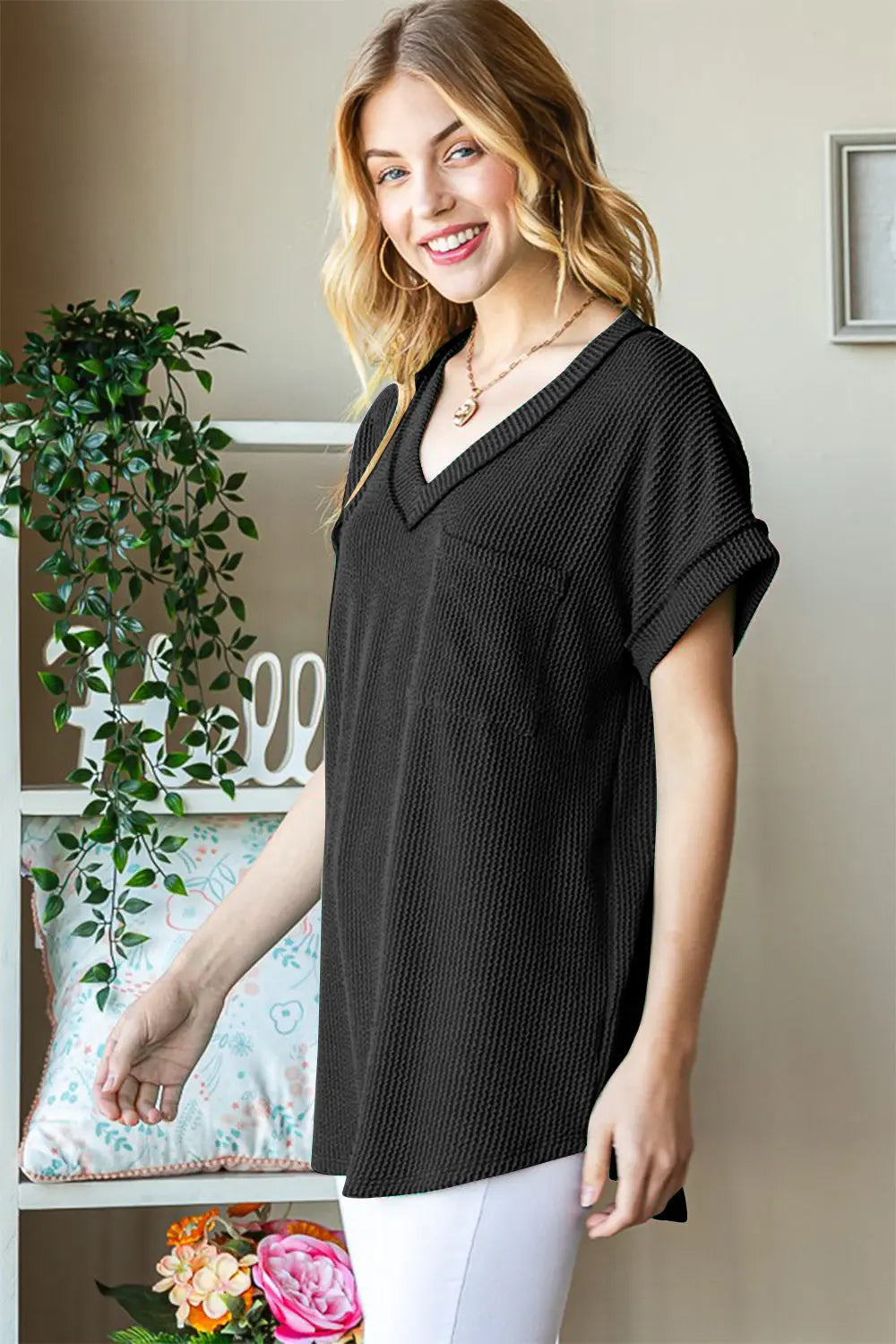 Heimish Full Size Front Pocket Short Sleeve Ribbed Top-Very Besty