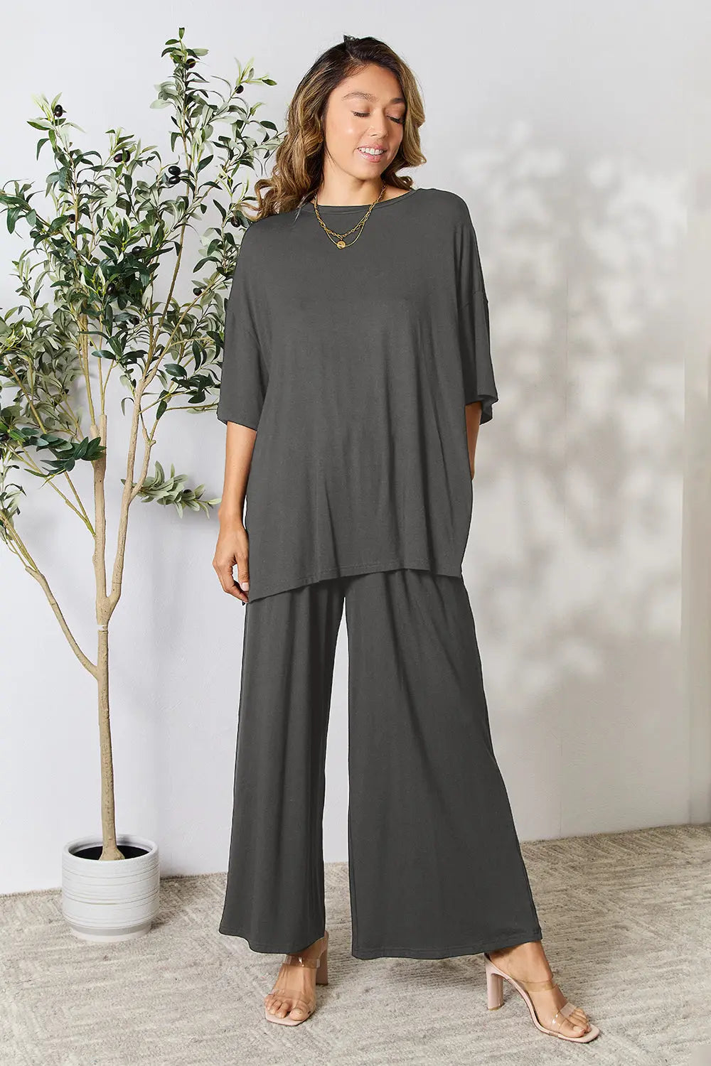 Double Take Full Size Round Neck Slit Top and Pants Set-Very Besty