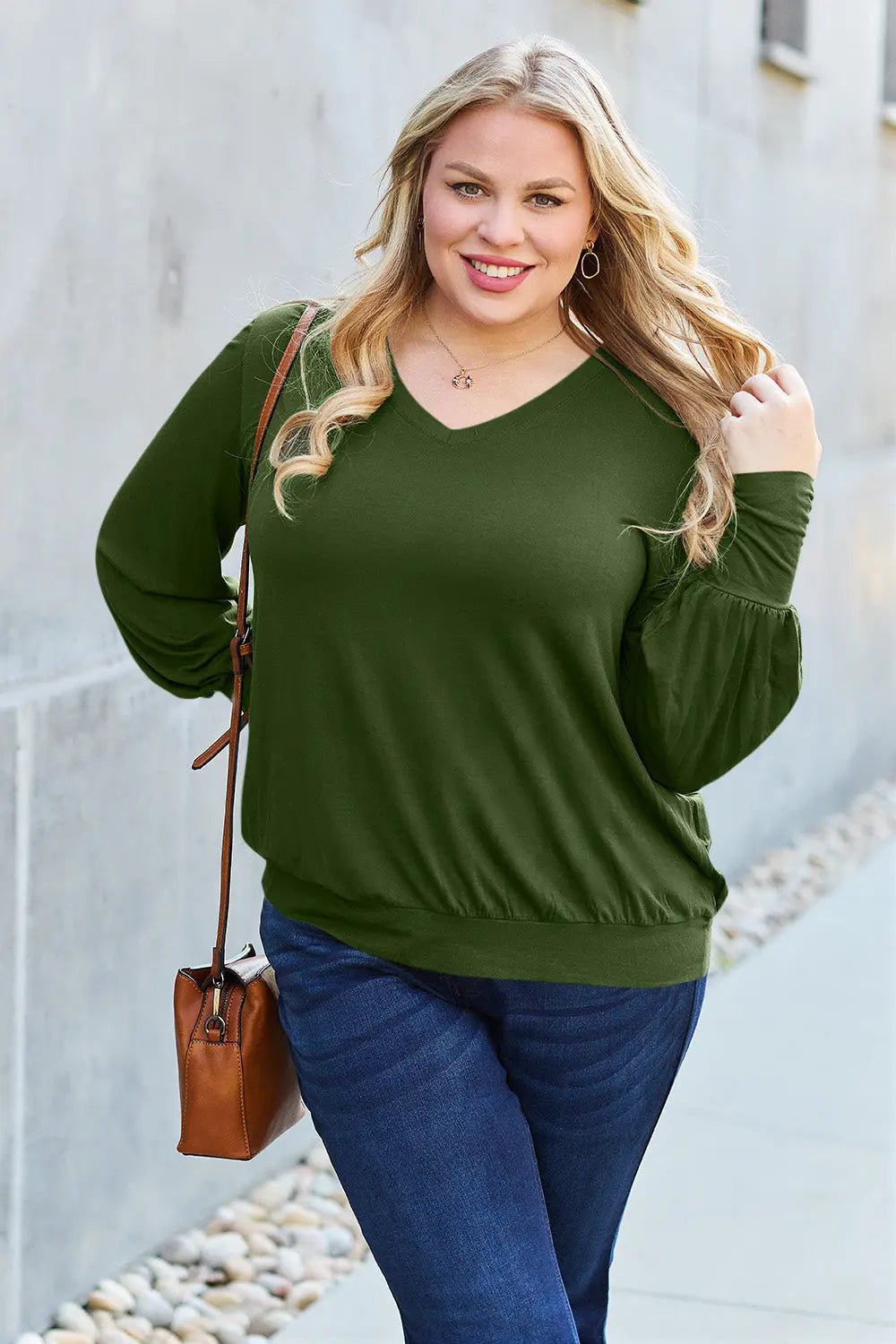 Basic Bae Full Size V-Neck Lantern Sleeve Top-Very Besty