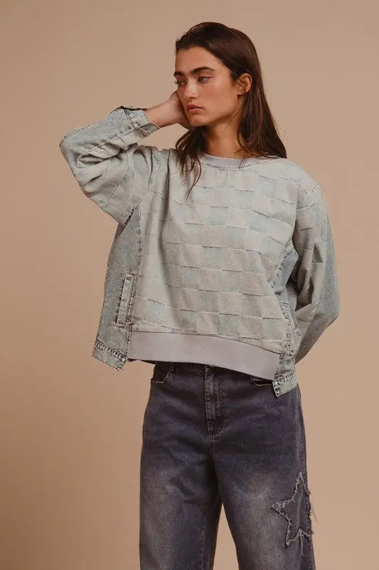 BiBi Mineral Washed Checkered Round Neck Denim Top-Very Besty