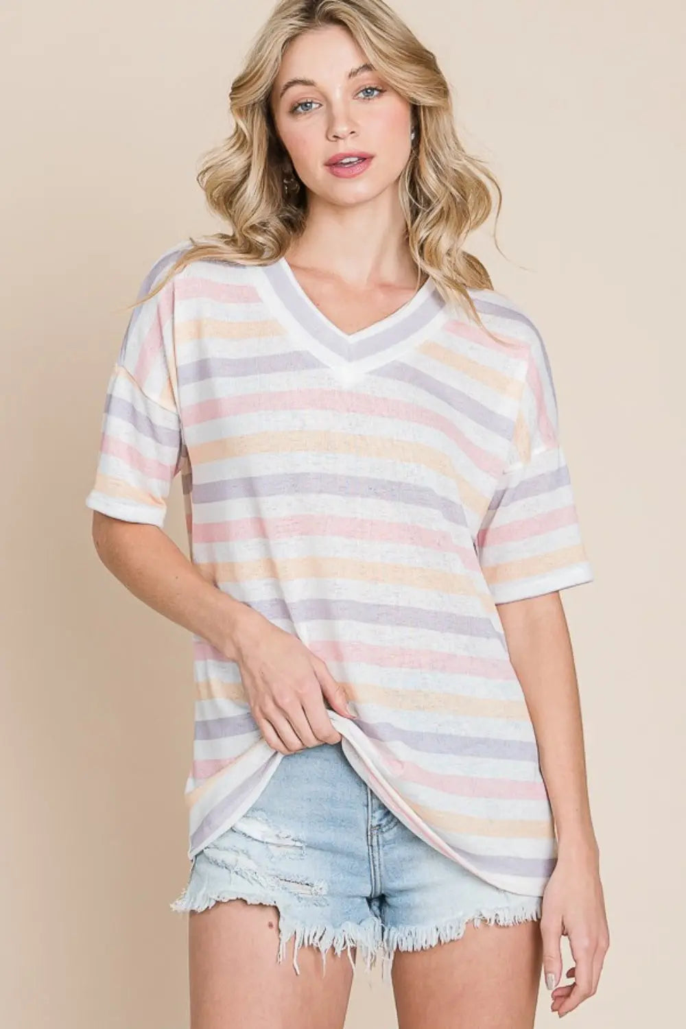 BOMBOM Striped V-Neck Short Sleeve T-Shirt-Very Besty