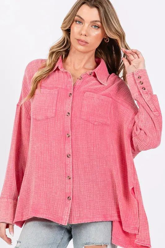 SAGE + FIG Frayed Hem Side Slit Button Down Shirt-Very Besty