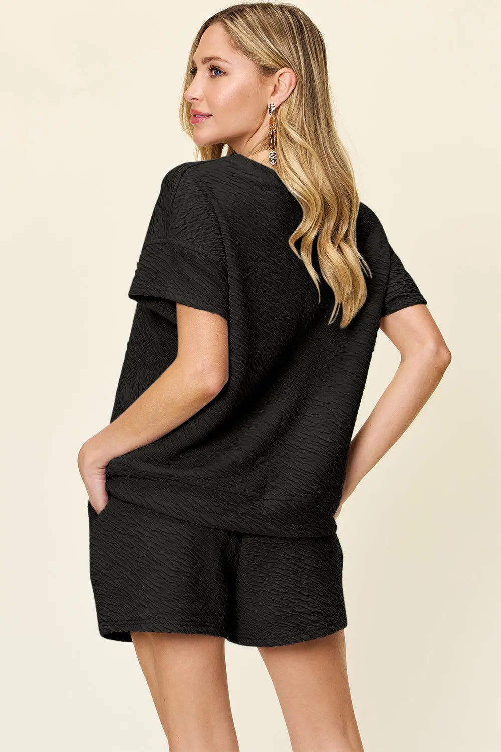 Double Take Full Size Texture Short Sleeve T-Shirt and Drawstring Shorts Set-Very Besty