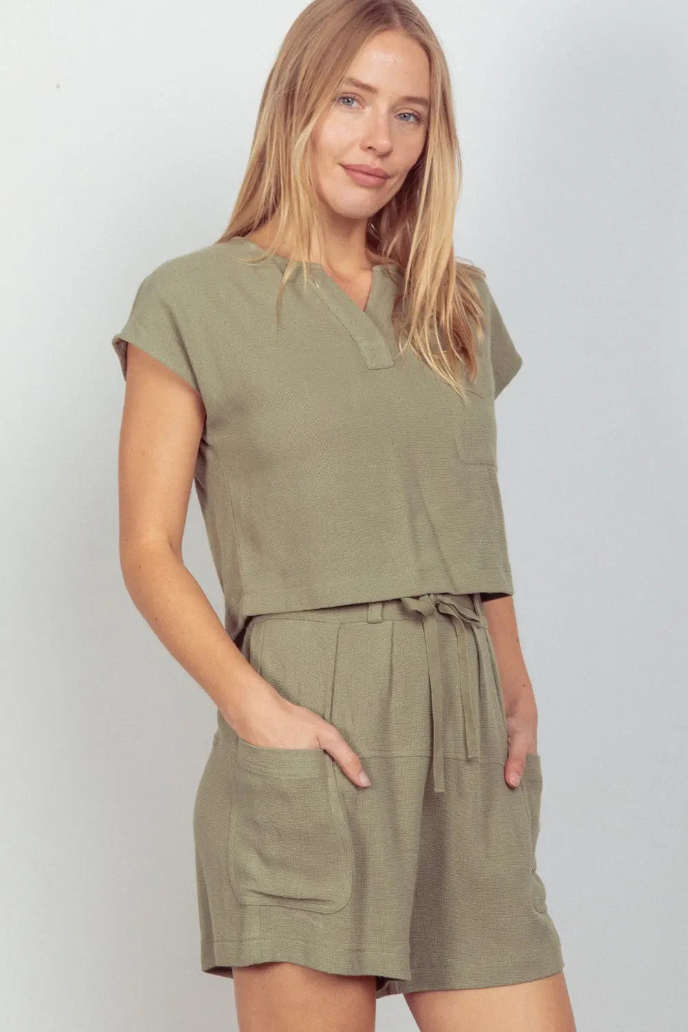VERY J Woven Cropped Top & Waist Tie Shorts Set-Very Besty