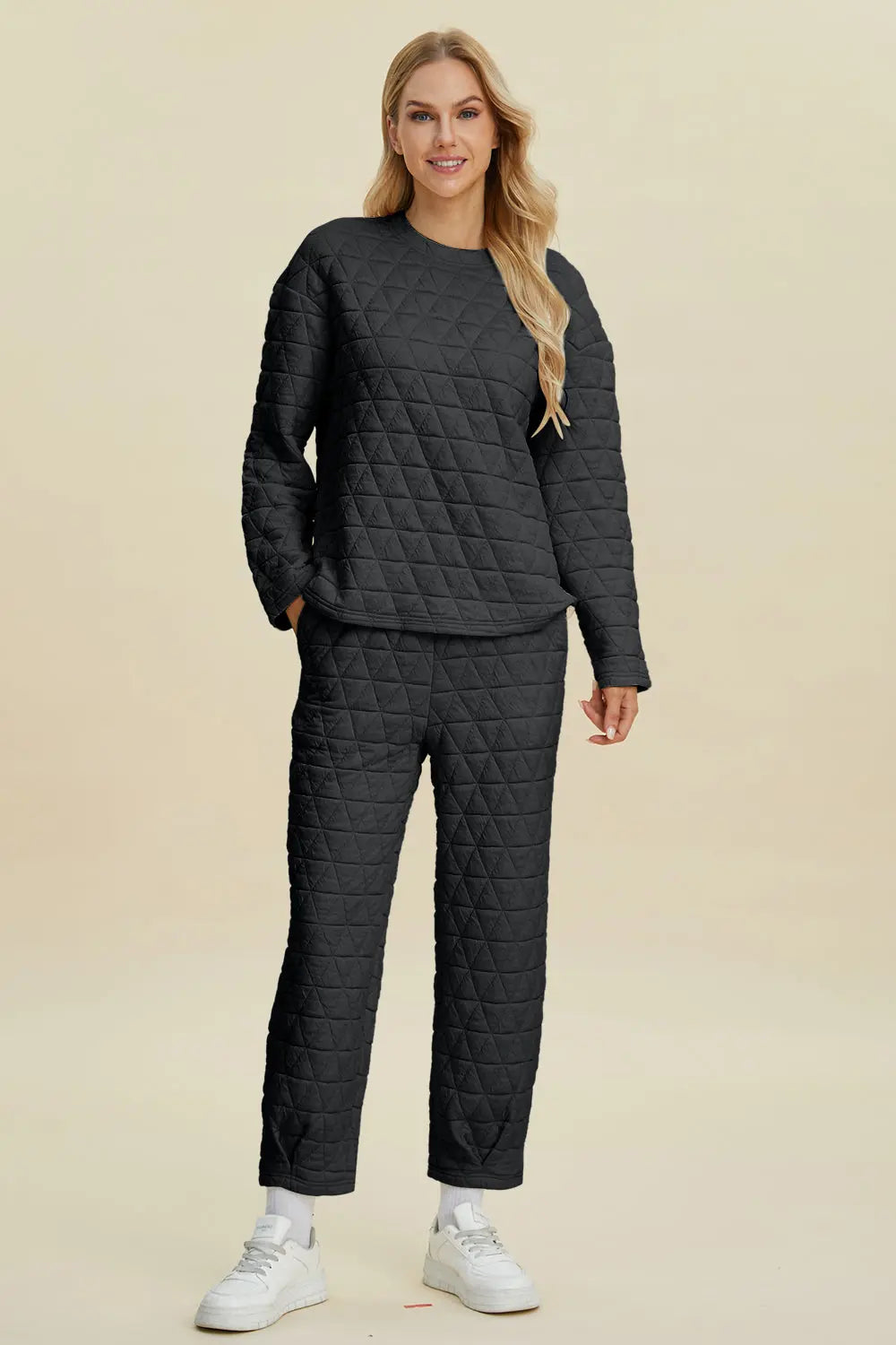 Double Take Full Size Texture Round Neck Long Sleeve Top and Pants Set-Very Besty