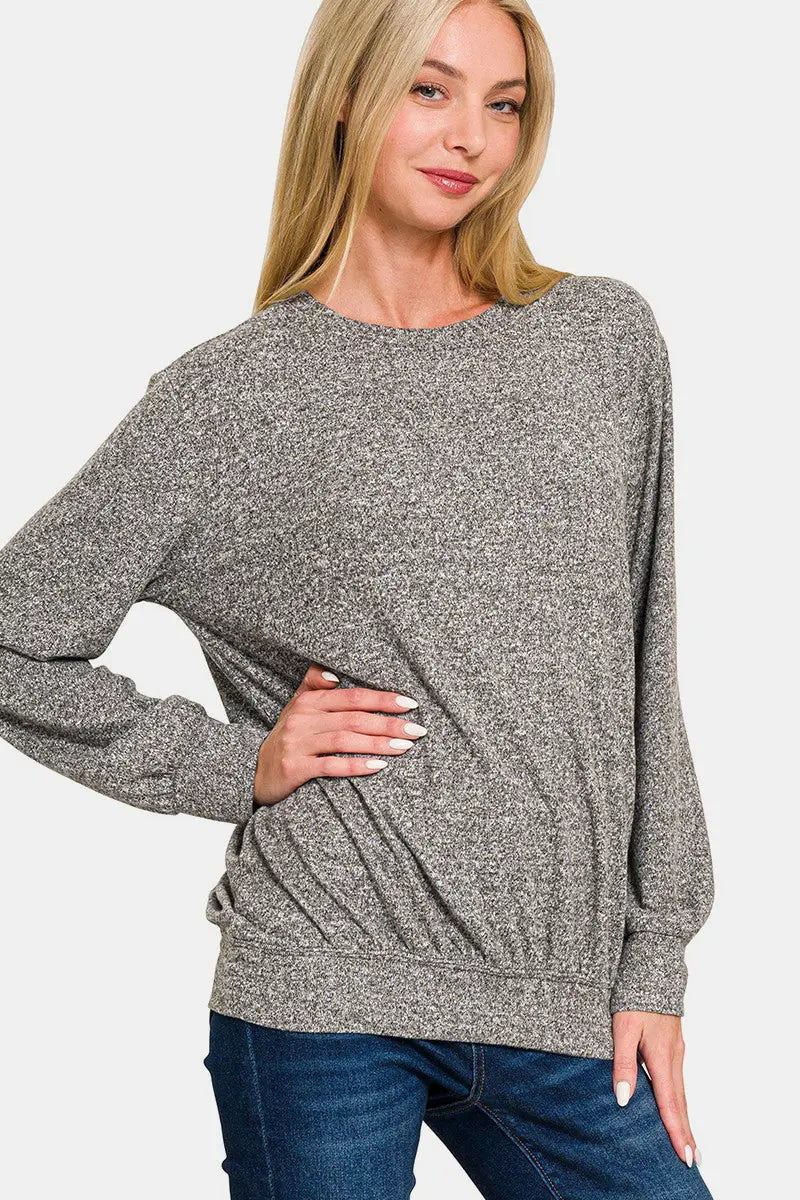 Zenana Full Size Melange Round Neck Top-Very Besty