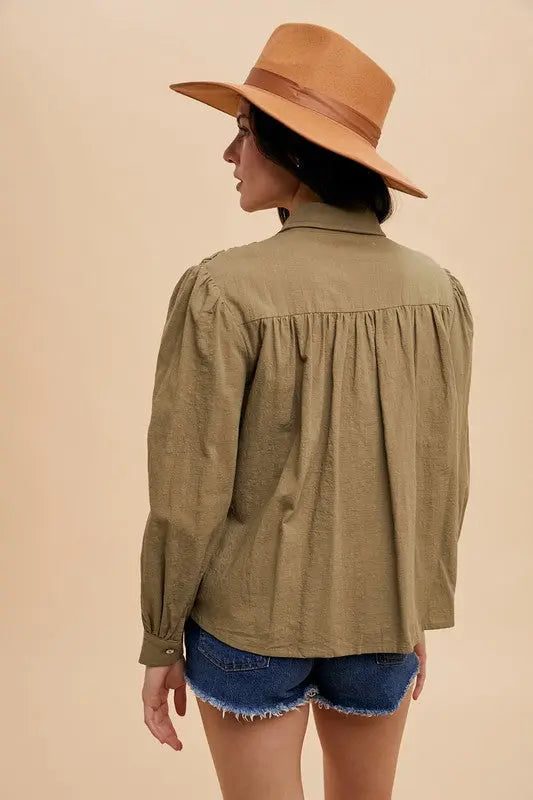 Annie Wear Smocked Front Long Sleeve Babydoll Blouse-Very Besty