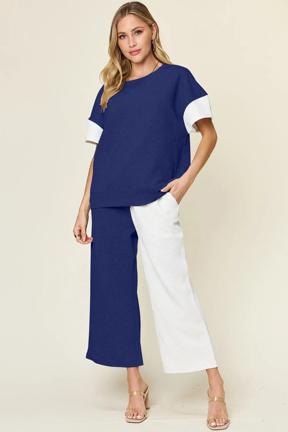 Double Take Full Size Texture Contrast T-Shirt and Wide Leg Pants Set-Very Besty