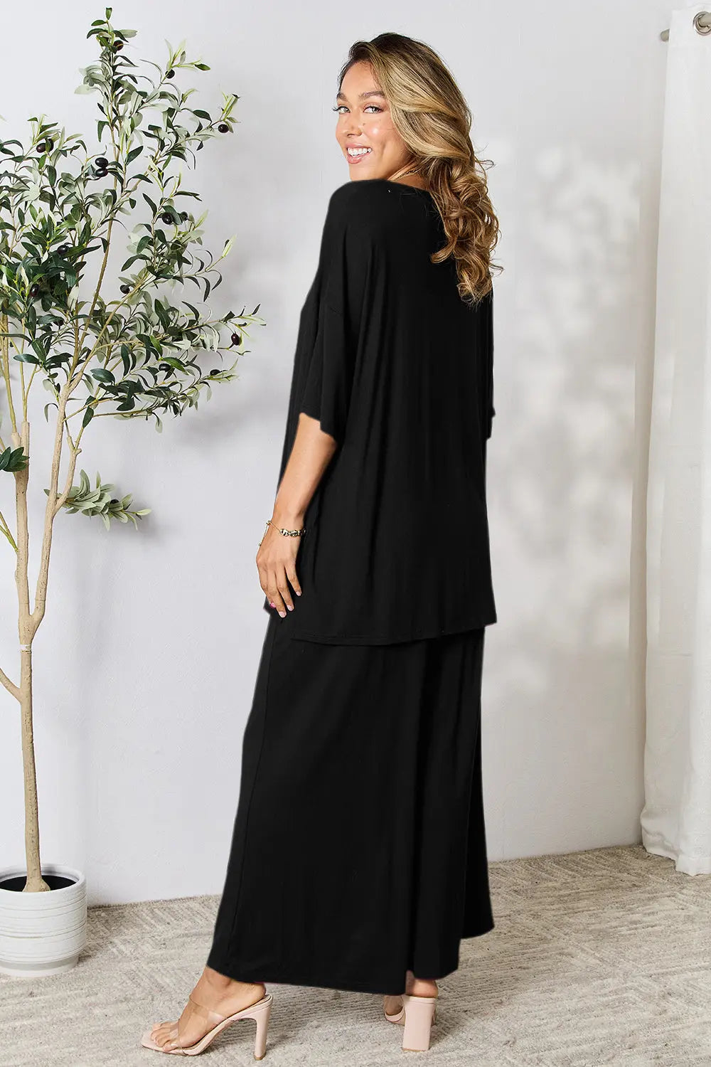Double Take Full Size Round Neck Slit Top and Pants Set-Very Besty