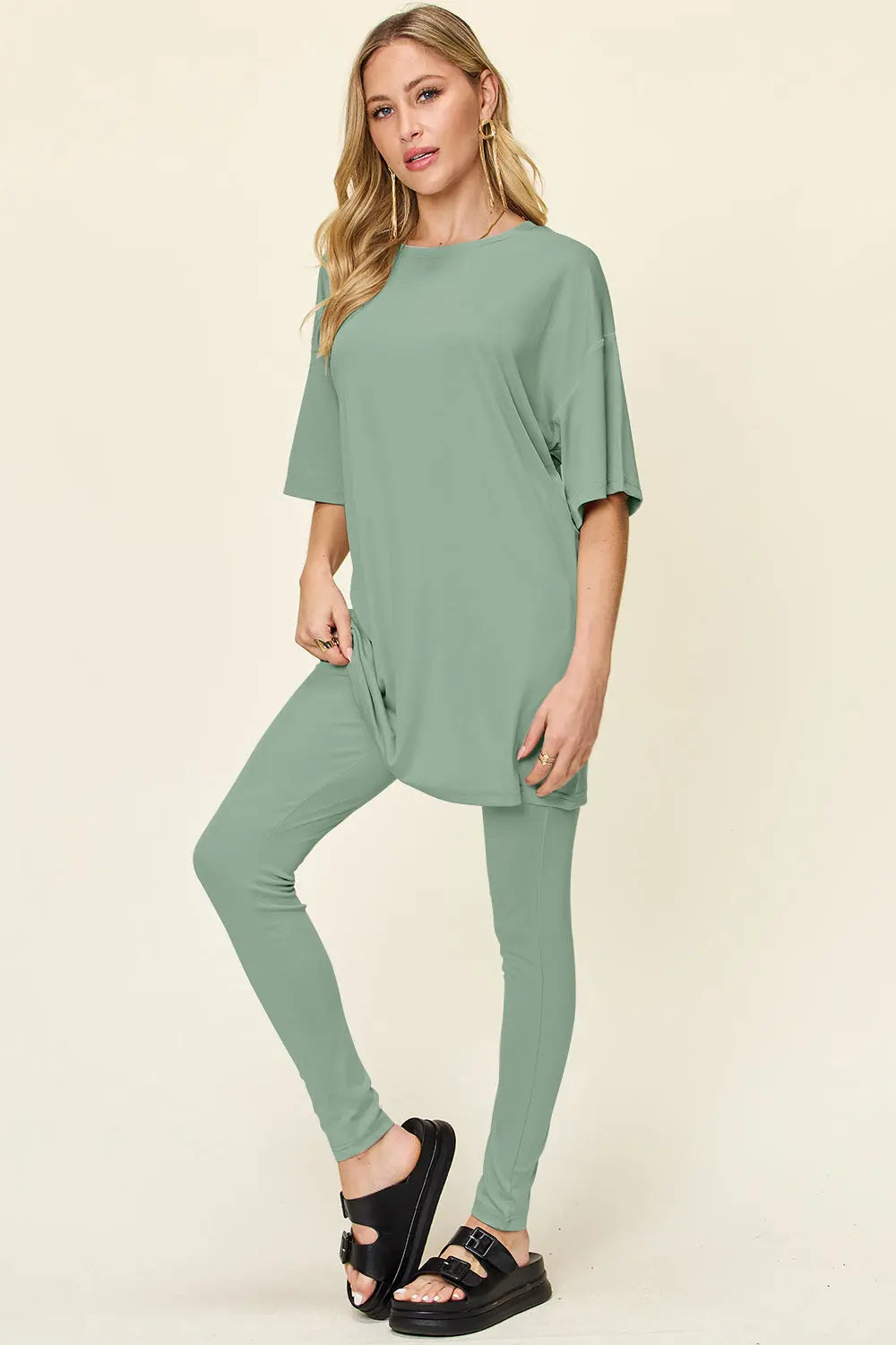 Double Take Full Size Round Neck Dropped Shoulder T-Shirt and Leggings Set-Very Besty