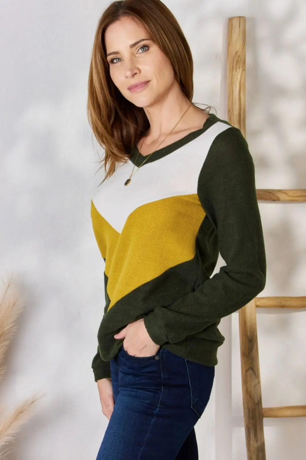 Hailey & Co Full Size Colorblock V-Neck Blouse-Very Besty