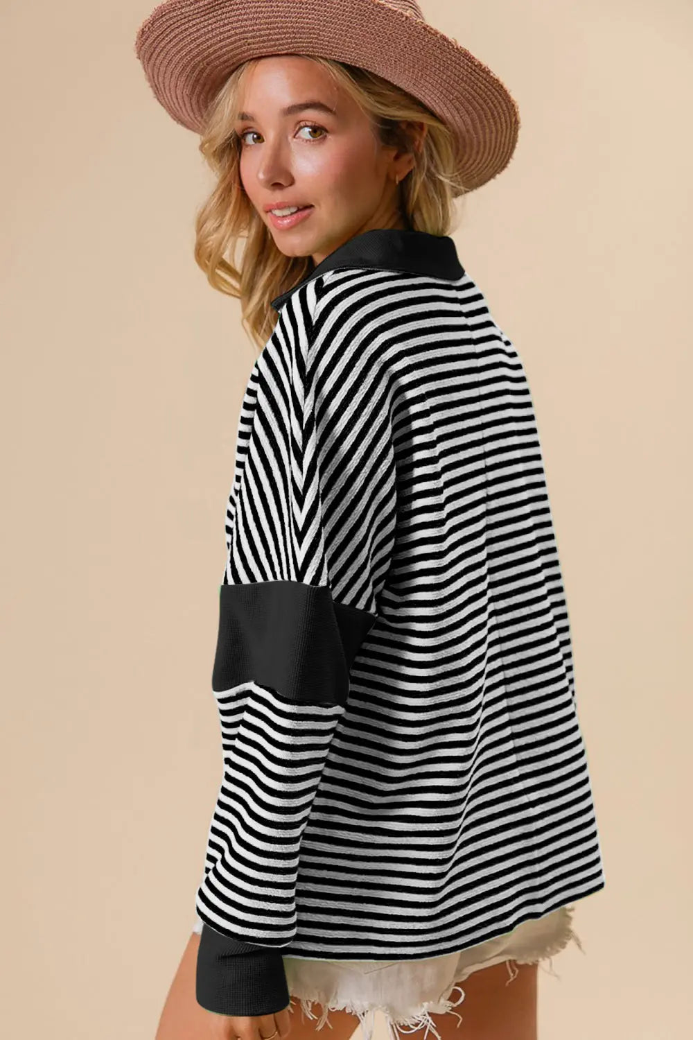 BiBi Striped Contrast Long Sleeve Knit Top-Very Besty