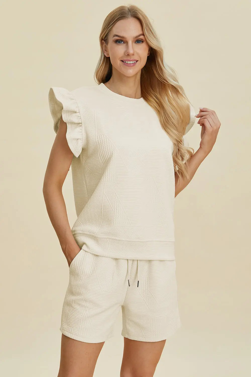 Double Take Full Size Texture Round Neck Ruffle Sleeve Top and Shorts Set-Very Besty