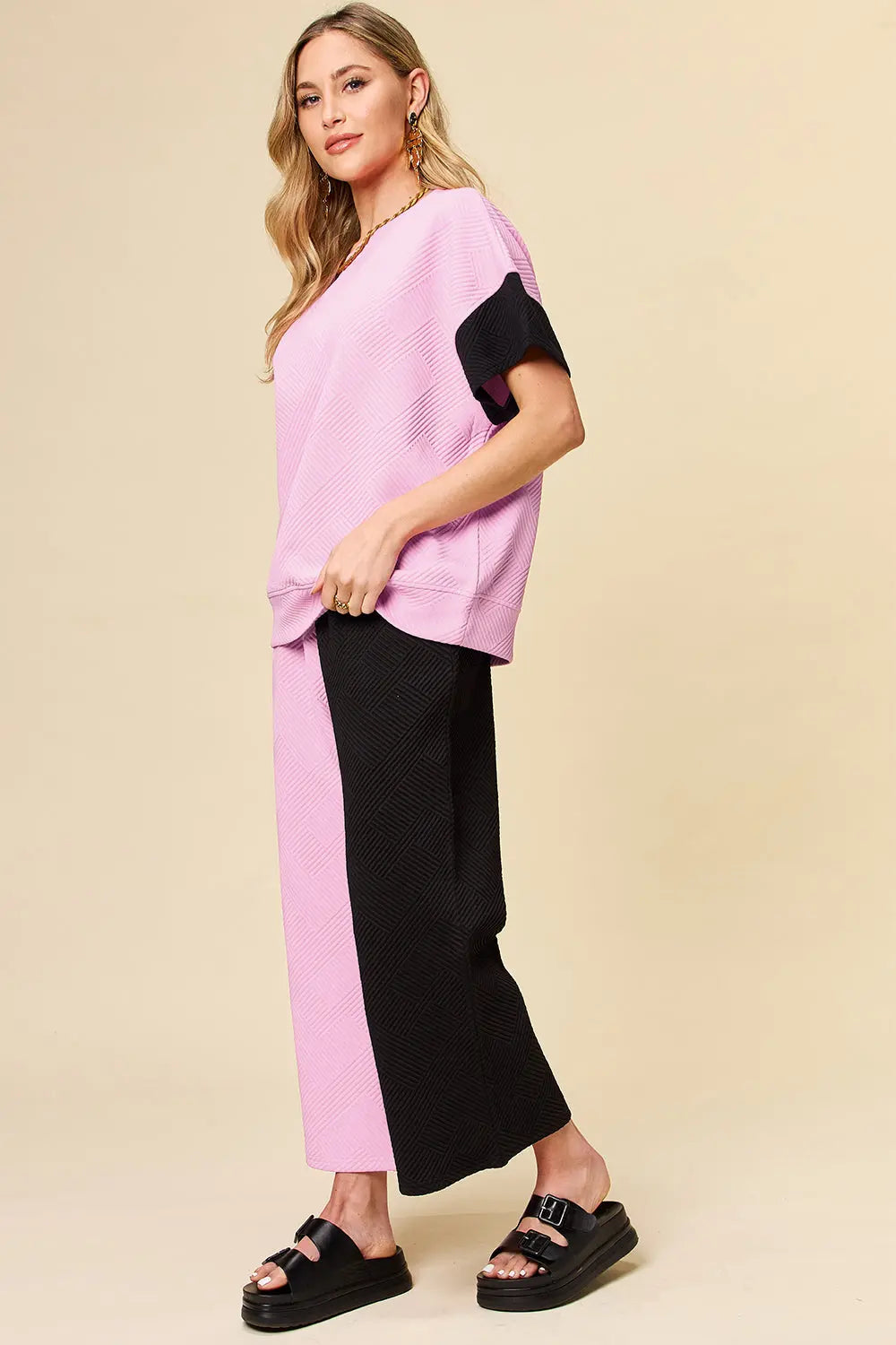 Double Take Full Size Texture Contrast T-Shirt and Wide Leg Pants Set-Very Besty