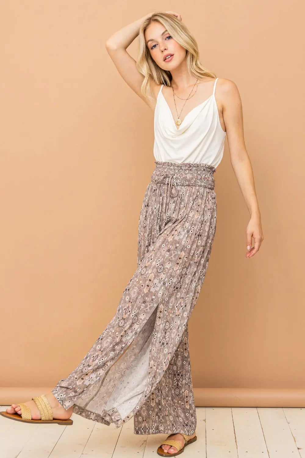 And The Why Printed Smocked Waist Slit Wide Leg Pants-Very Besty