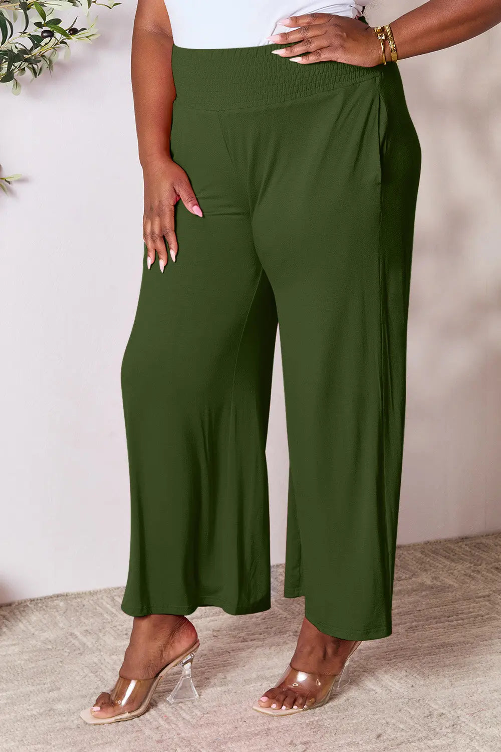 Basic Bae Full Size Smocked Wide Waistband Wide Leg Pants-Very Besty