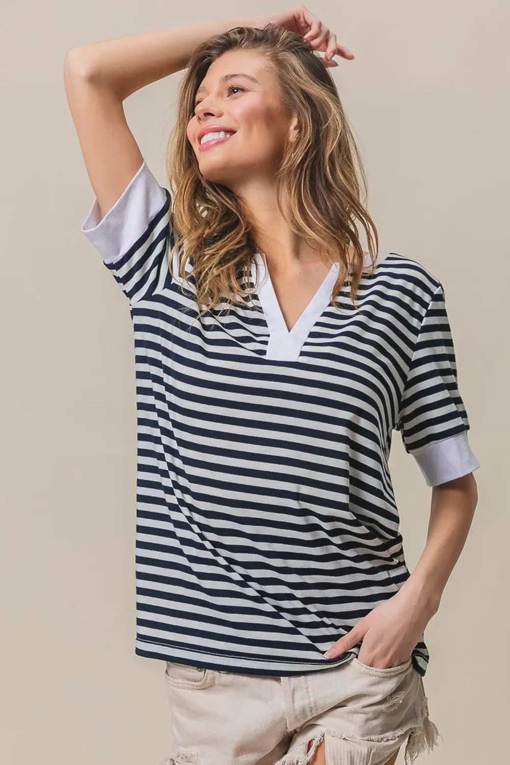 BiBi Contrast Striped Notched Knit Top-Very Besty