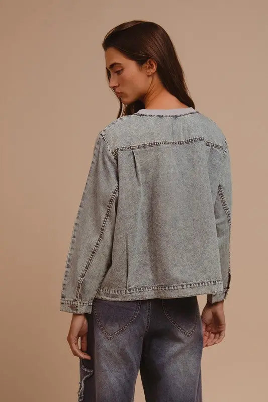 BiBi Mineral Washed Checkered Round Neck Denim Top-Very Besty