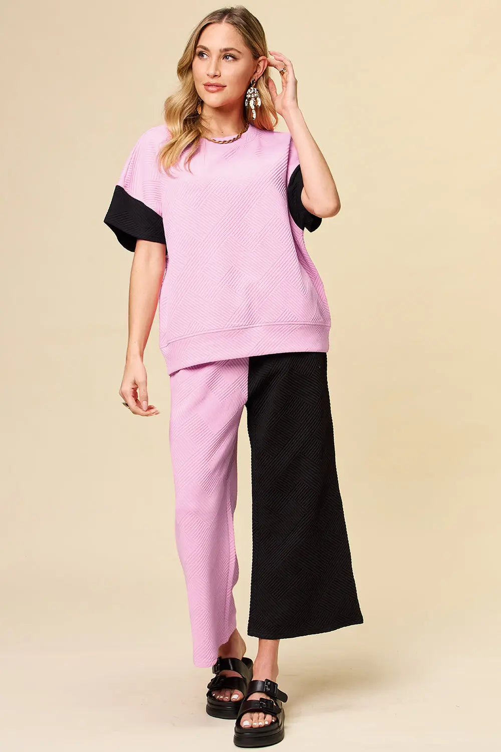 Double Take Full Size Texture Contrast T-Shirt and Wide Leg Pants Set-Very Besty