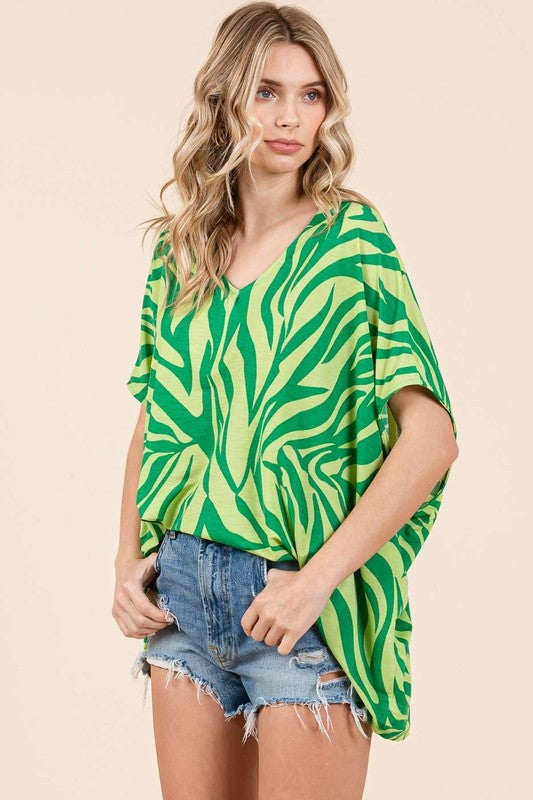 Mittoshop Zebra Print V-Neck Short Sleeve Oversized Top-Very Besty