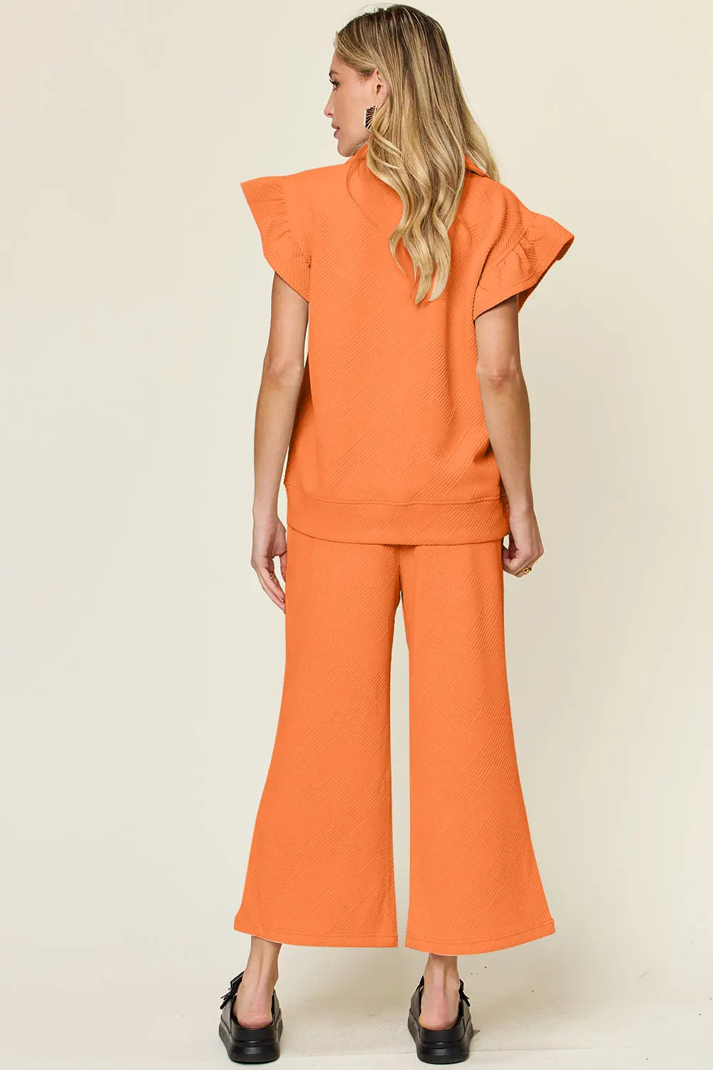 Double Take Texture Ruffle Short Sleeve Top and Drawstring Wide Leg Pants Set-Very Besty