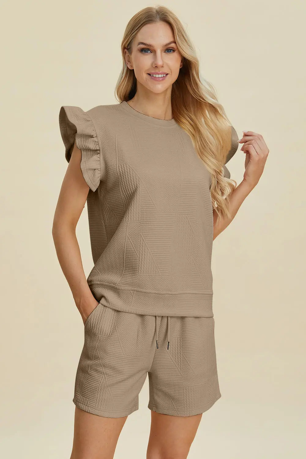 Double Take Full Size Texture Round Neck Ruffle Sleeve Top and Shorts Set-Very Besty