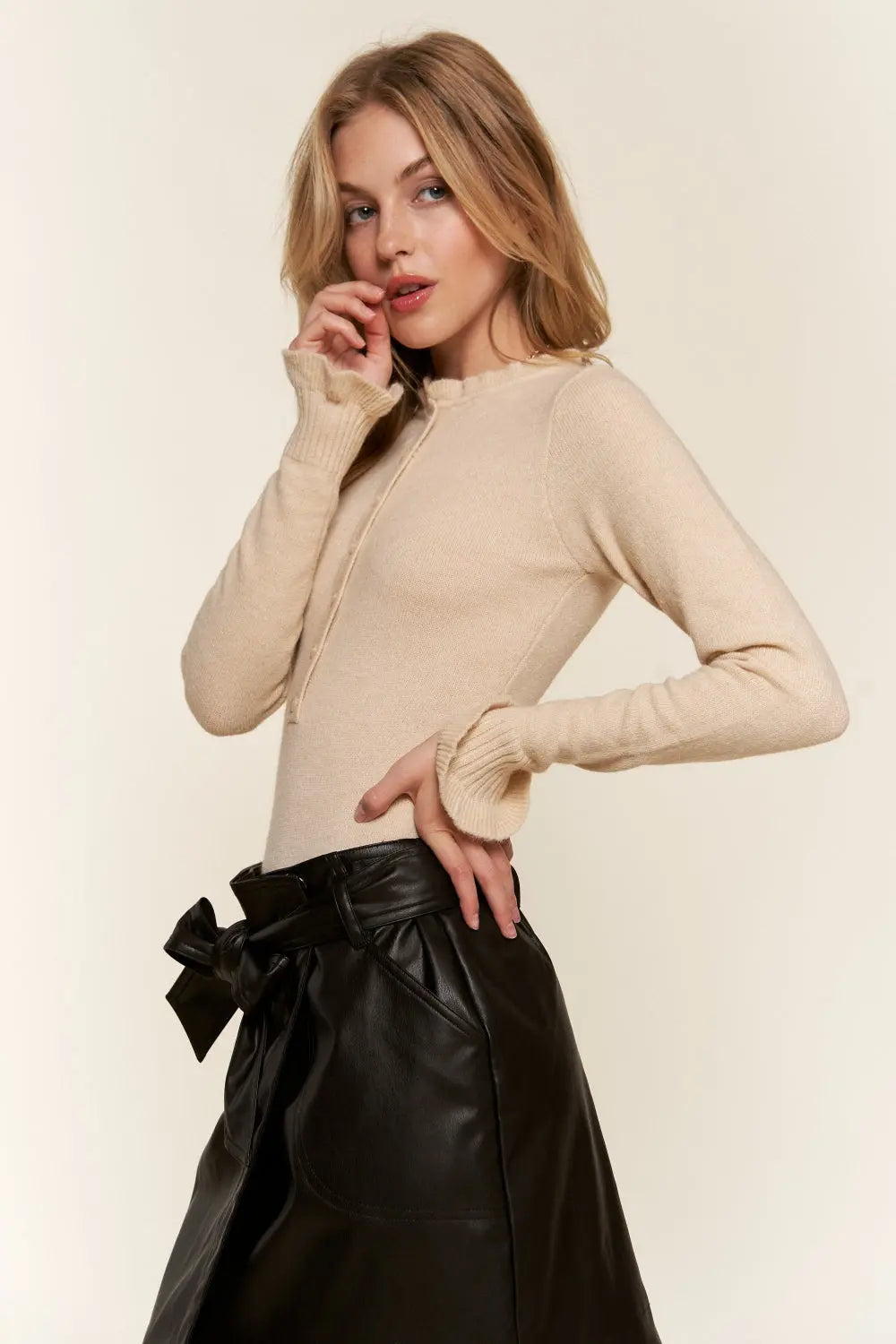 And The Why Half Button Round Neck Long Sleeve Bodysuit-Very Besty