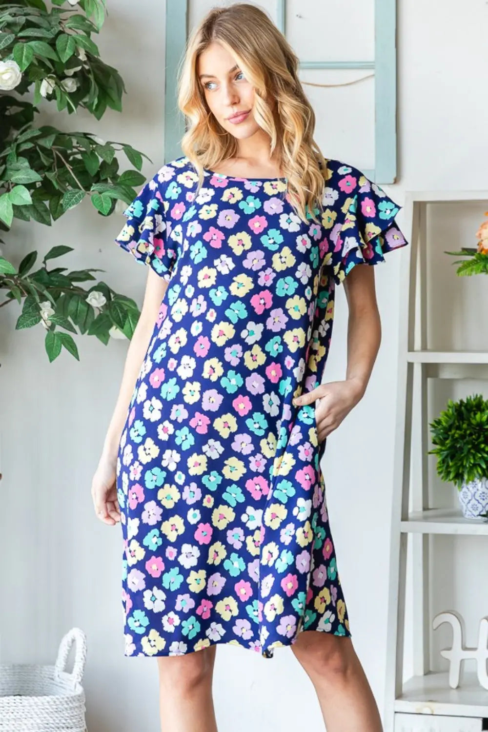 Heimish Full Size Floral Ruffled Short Sleeve Dress with Pockets-Very Besty