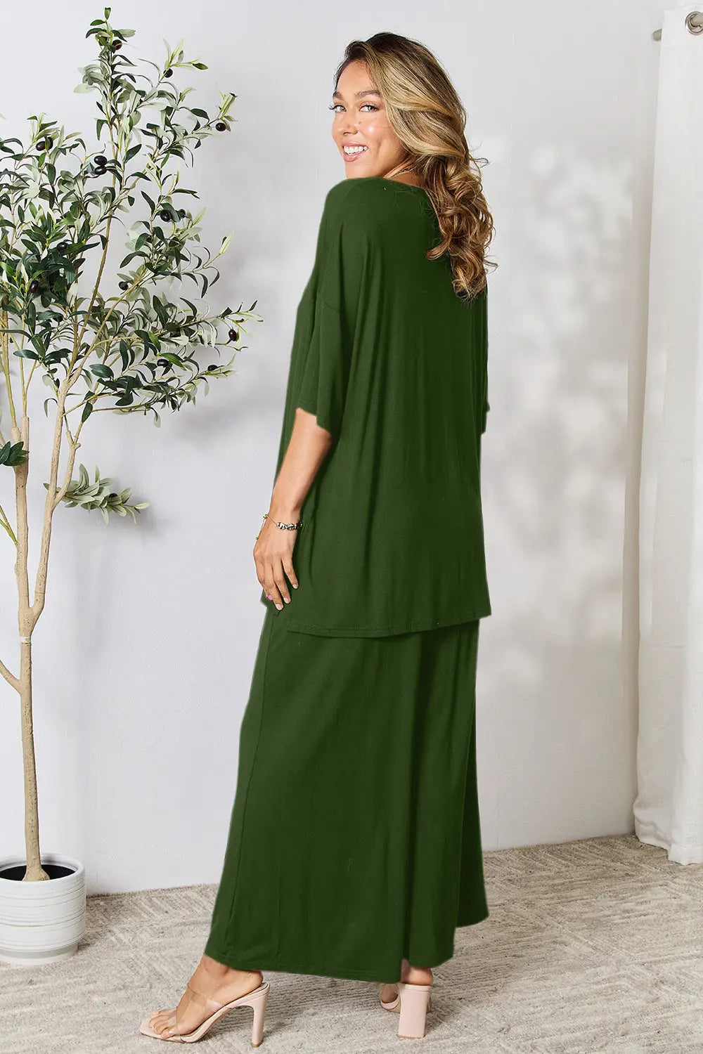 Double Take Full Size Round Neck Slit Top and Pants Set-Very Besty