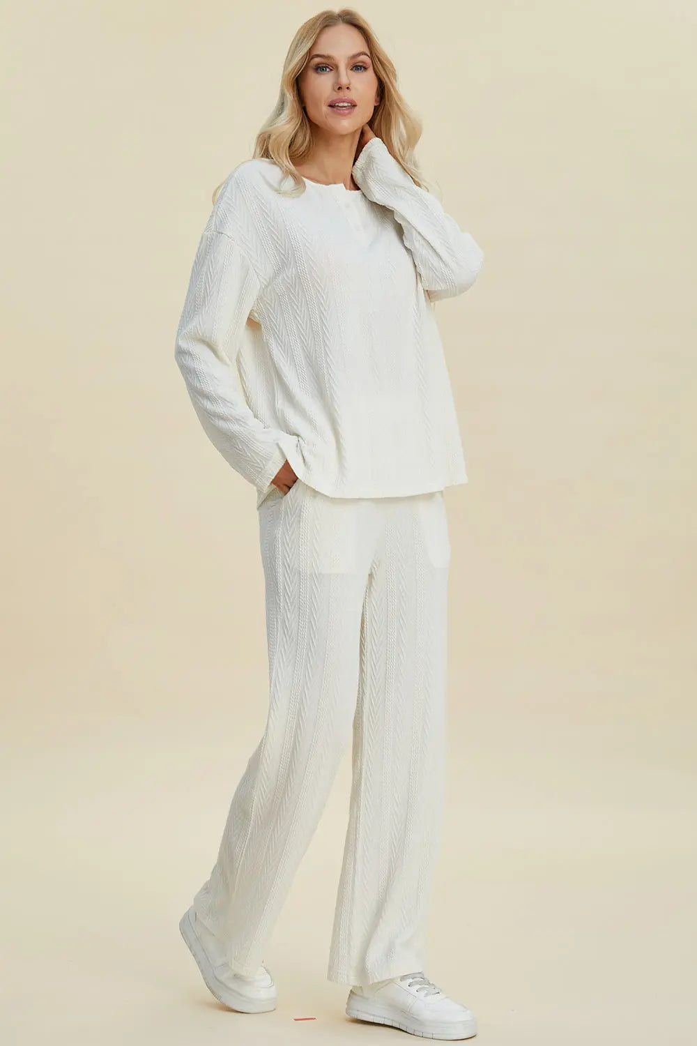 Double Take Full Size Cable-Knit Long Sleeve Top and Pants Set-Very Besty